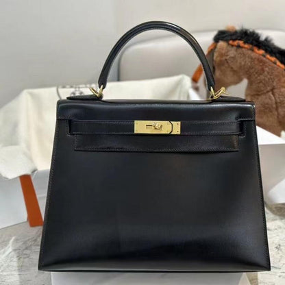 HM KELLY 28CM BLACK BOXCALF GOLD HARDWARE