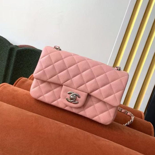 Flap Bag Mini 20cm Pink Caviar Leather Silver Hardware