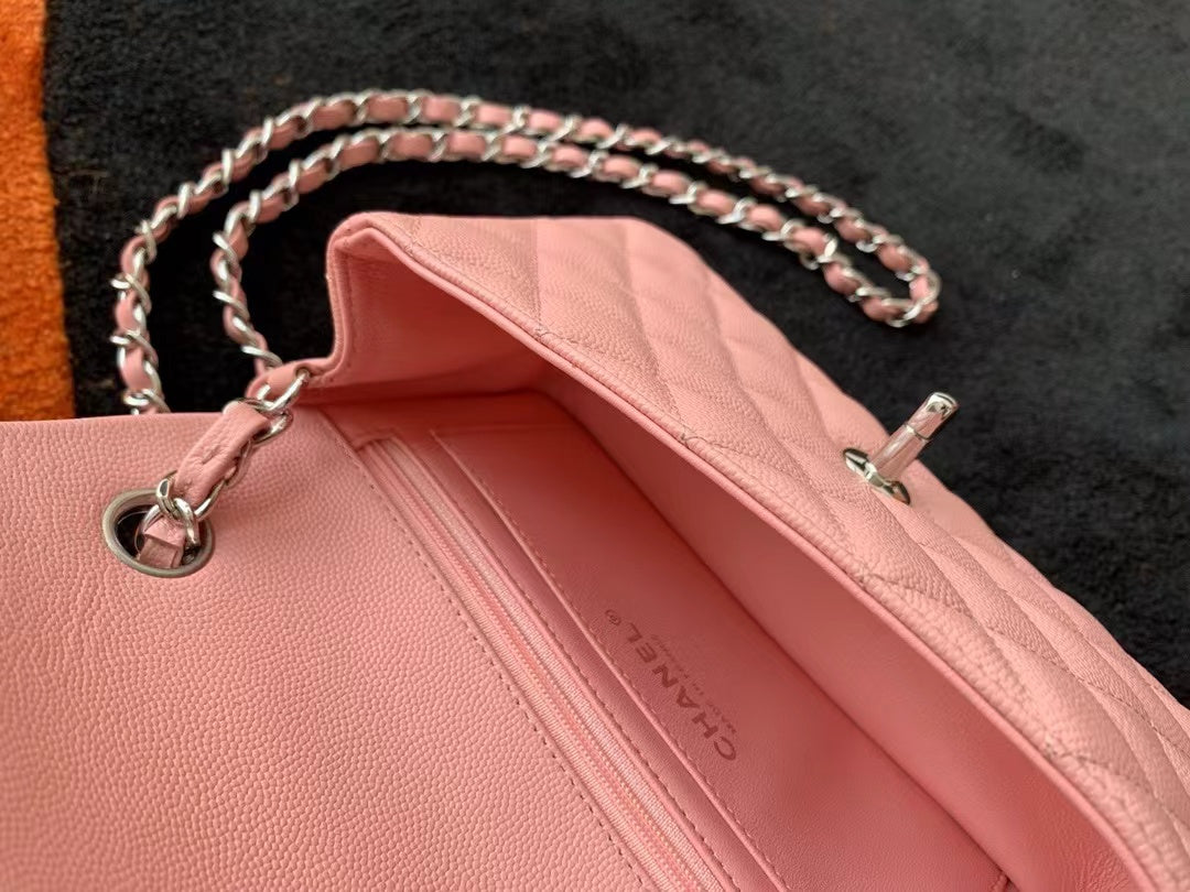 Flap Bag Mini 20cm Pink Caviar Leather Silver Hardware