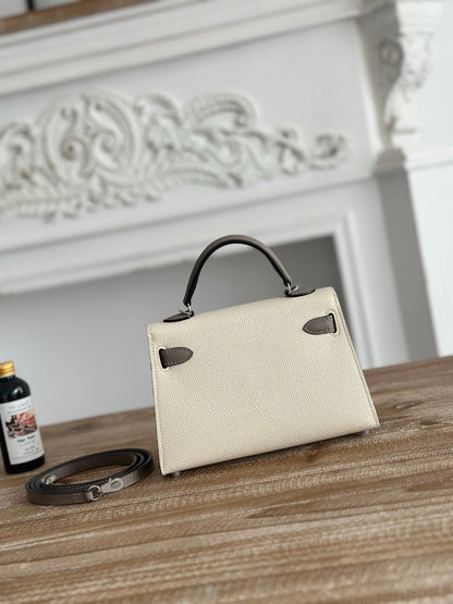 HM Mini Kelly 19cm Beige Mix Brown Epsom Silver Hardware