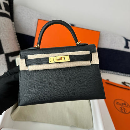 HM Mini Kelly 19cm Black Epsom Gold Hardware Best Version