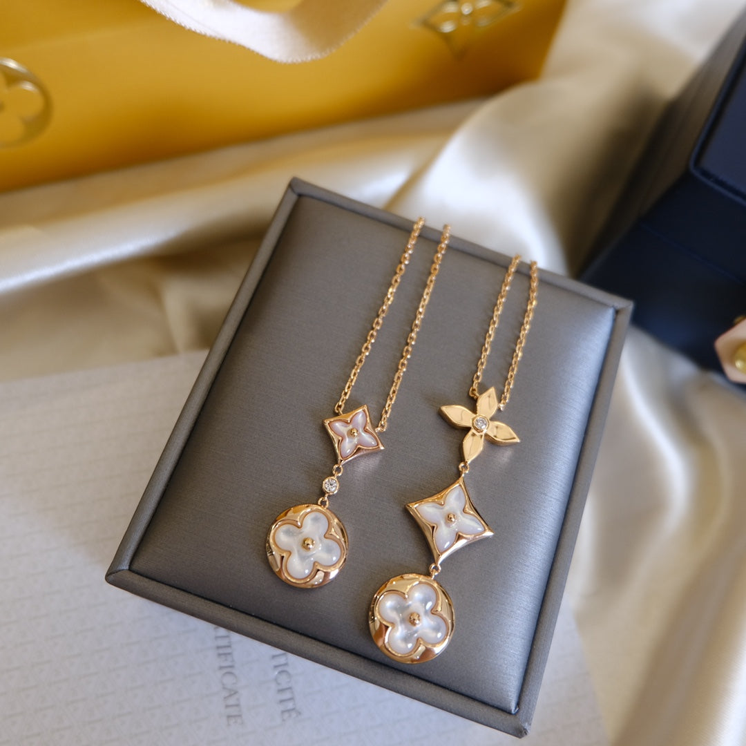 [GALE]COLOR BLOSSOM LARIAT NECKLACE PINK GOLD WHITE MOTHER PEARL AND DIAMOND