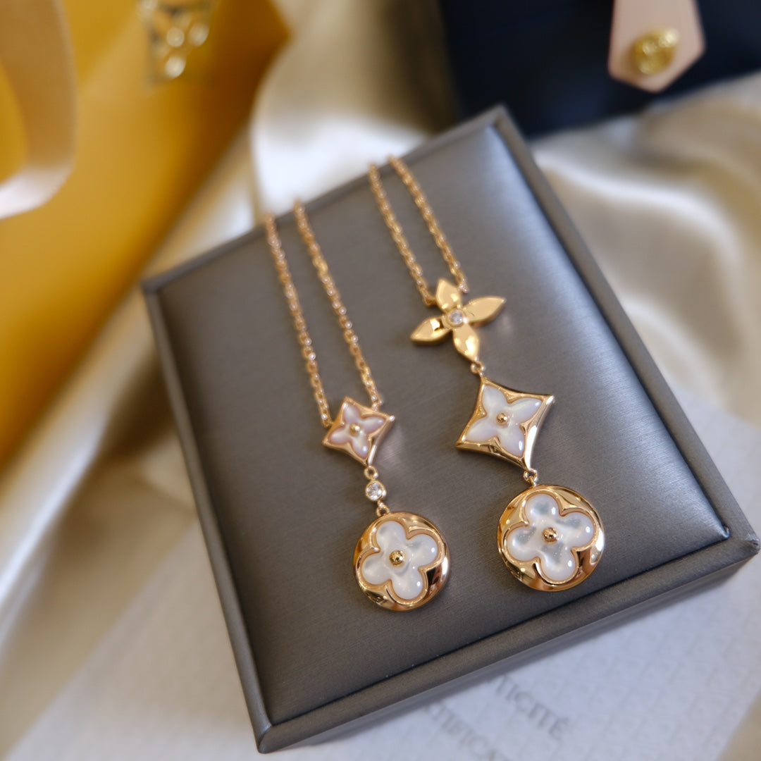 [GALE]COLOR BLOSSOM LARIAT NECKLACE PINK GOLD WHITE MOTHER PEARL AND DIAMOND