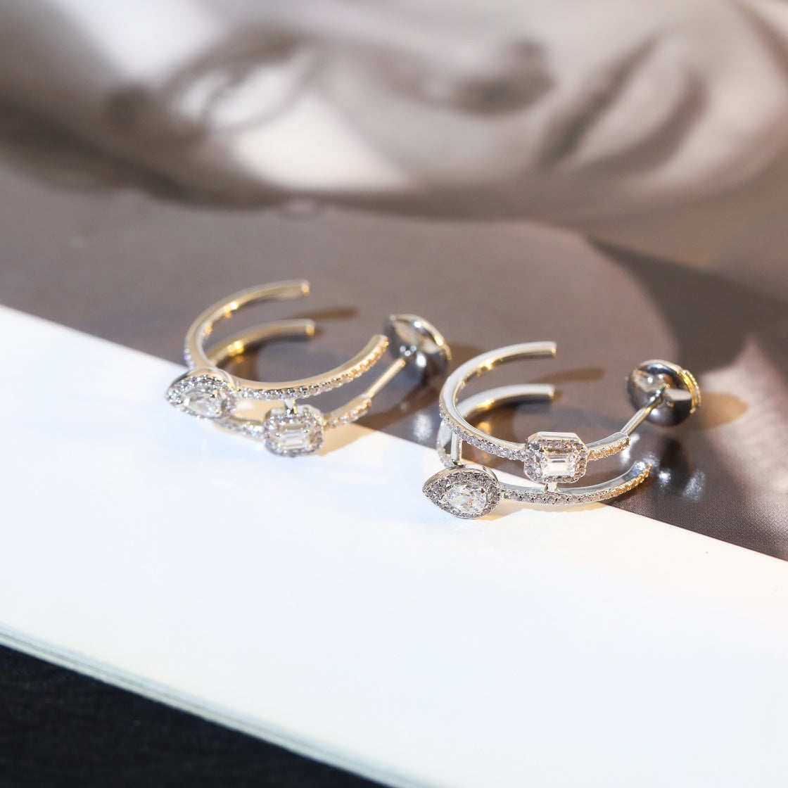 [GALE]CREOLES MY TWIN 2 RANGS SILVER DIAMOND EARRINGS