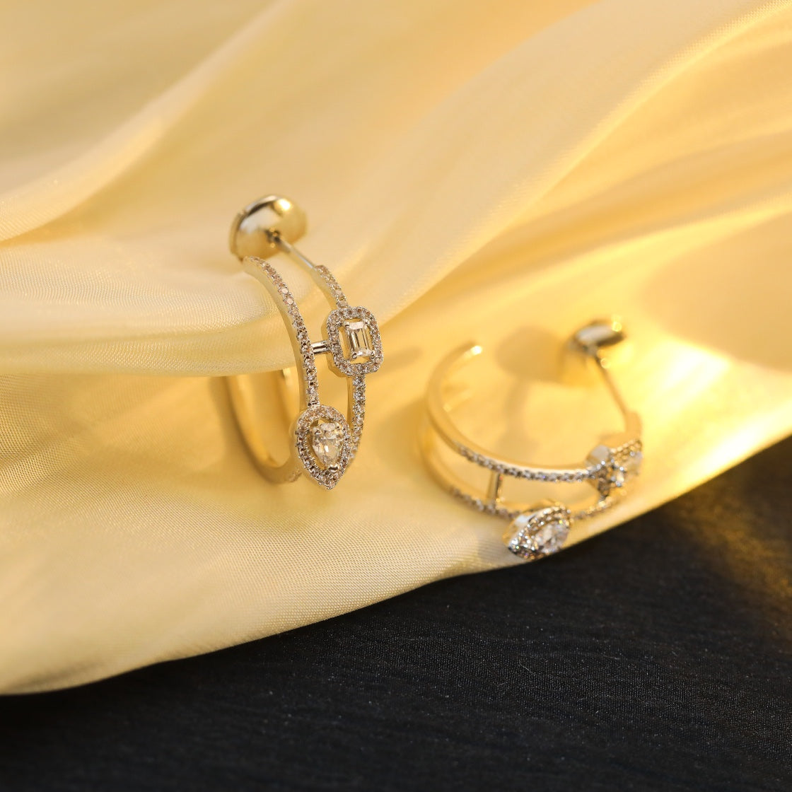 [GALE]CREOLES MY TWIN 2 RANGS SILVER DIAMOND EARRINGS