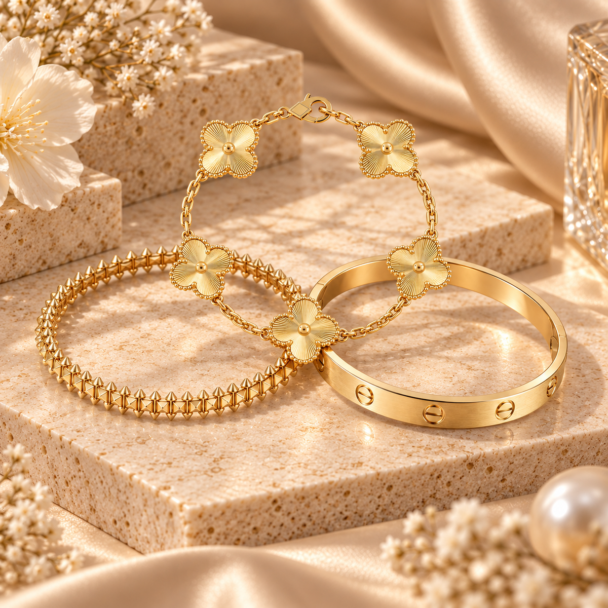 [GALE] CLASH & Clover Laser 5-Motif & LOVE Brushed Bracelet Stack Set