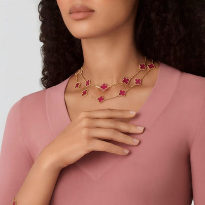 [GALE]Clover Pink Enamel Necklace & Earring Jewelry Set