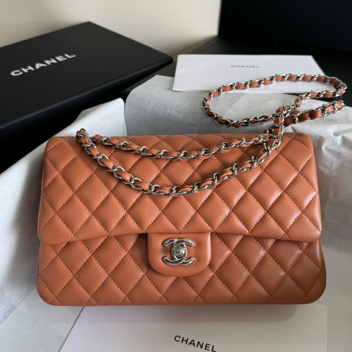 flap bag medium 25 brown lambskin silver hardware