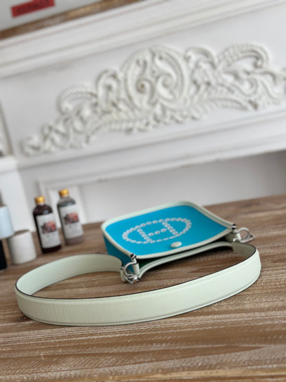 MINI NEO 17 EVELYNE BAG IN SKY BLUE CANVAS AND WHITE CALFSKIN