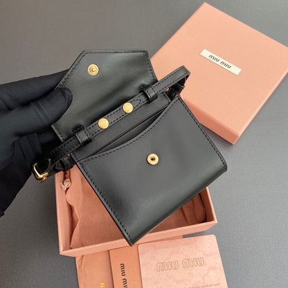 Miu Logo Wallet On A Chain 10.5 Lettering Black Calfskin 240406
