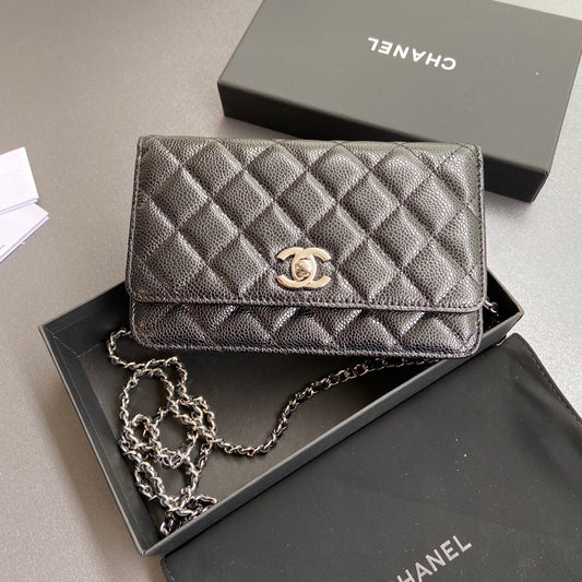 CC Wallet On Chain 20cm Black Caviar Leather Light Gold Hardware 240162
