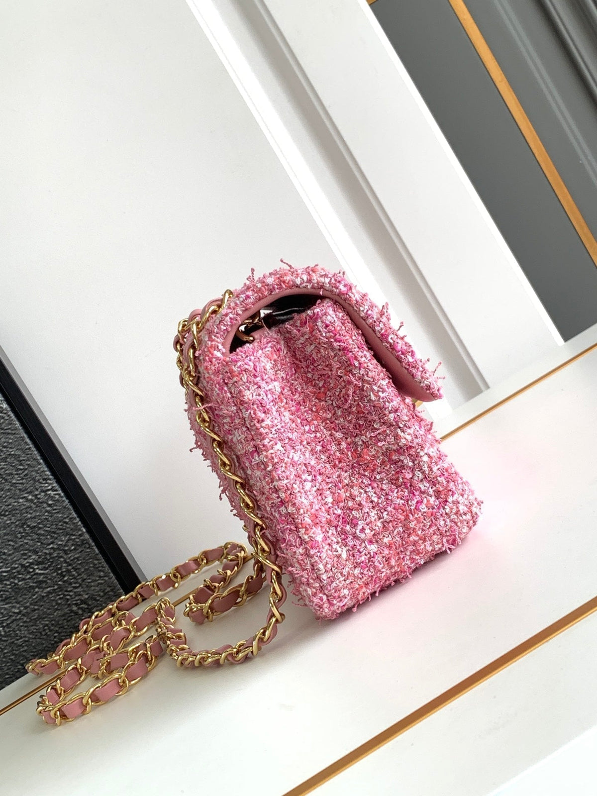 flap bag mini 20 pink tweed silver hardware