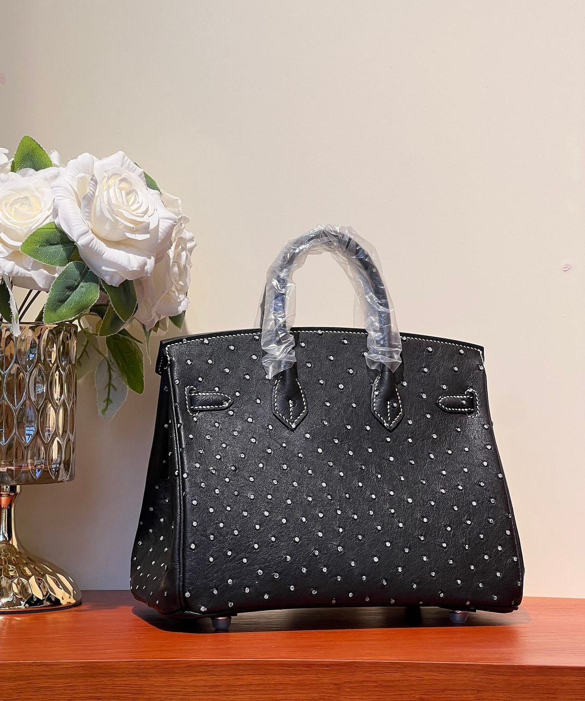 KELLY SELLIER 25 BAG IN BLACK OSTRICH LEATHER WITH WHITE RHINSTONES (MADE - TO - ODER)