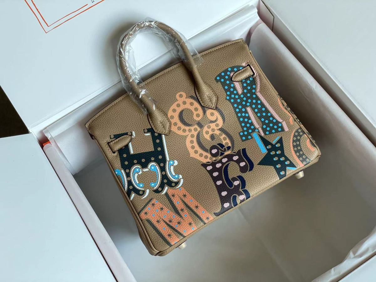 BIRKIN 25 BAG IN PEANUT BROWN CALFSKIN WITH COLORFUL STICKER (MADE - TO - ODER)