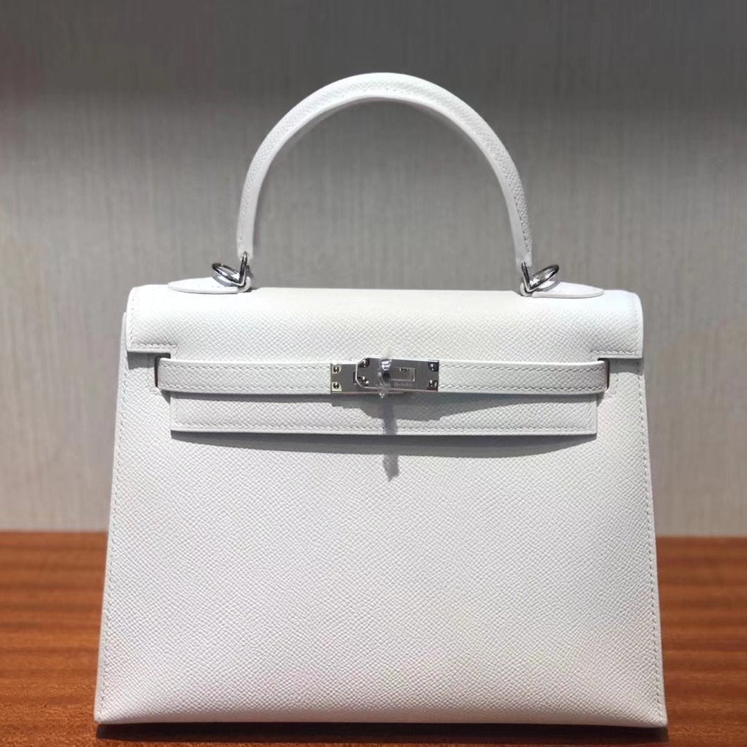 HM KELLY 25CM PURE WHITE EPSOM LEATHER SILVER HARDWARE