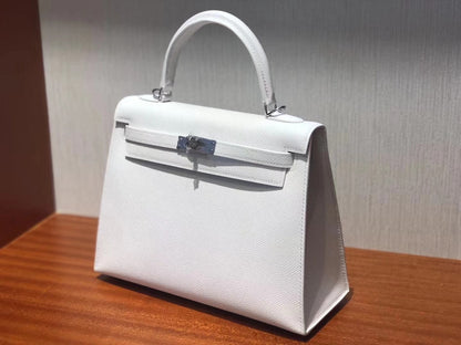 HM KELLY 25CM PURE WHITE EPSOM LEATHER SILVER HARDWARE